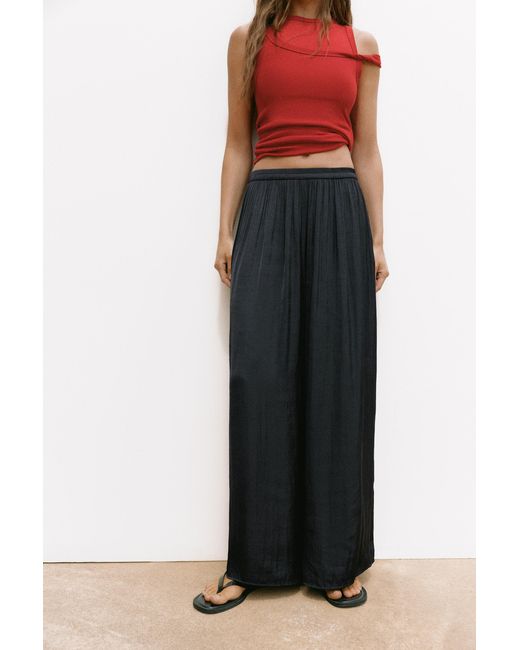 Pull&Bear Black Satin Wide-Leg Trousers