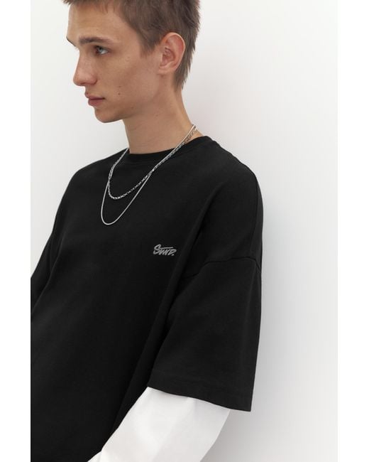 Pull&Bear Black Stwd Double Sleeve T-Shirt for men