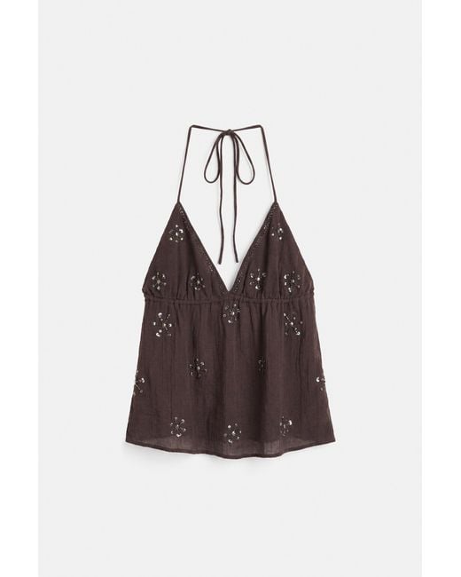 Pull&Bear Haltertop Met Kralen in het Brown