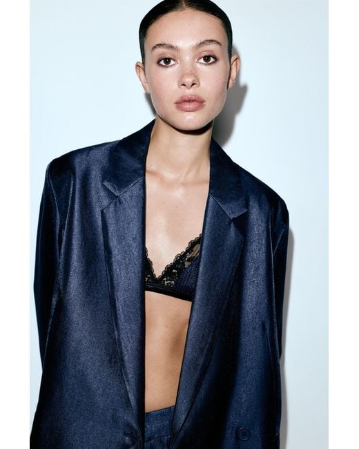 Pull&Bear Blue Shimmery Fabric Double-Breasted Blazer