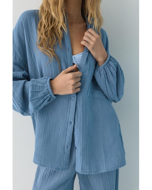 Pull&Bear Blue Stand Collar Voile Effect Shirt