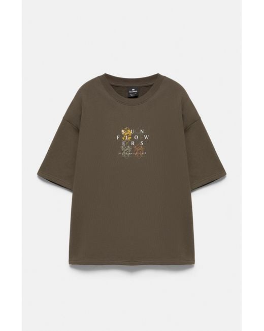 Pull&Bear Green Sunflowers Van Gogh Short Sleeve Sweatshirt for men