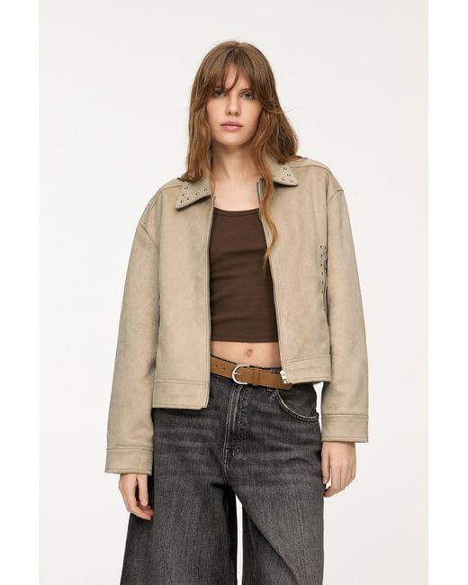 Pull&Bear Natural Studded Faux Suede Jacket