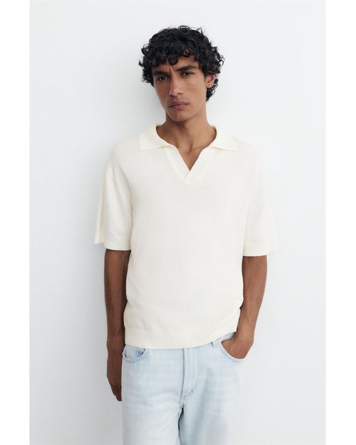 Pull&Bear White Textured Terry Polo Shirt for men