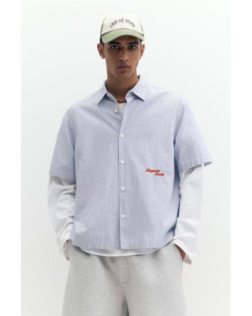 Pull&Bear Blue Striped Short Sleeve Poplin Shirt for men