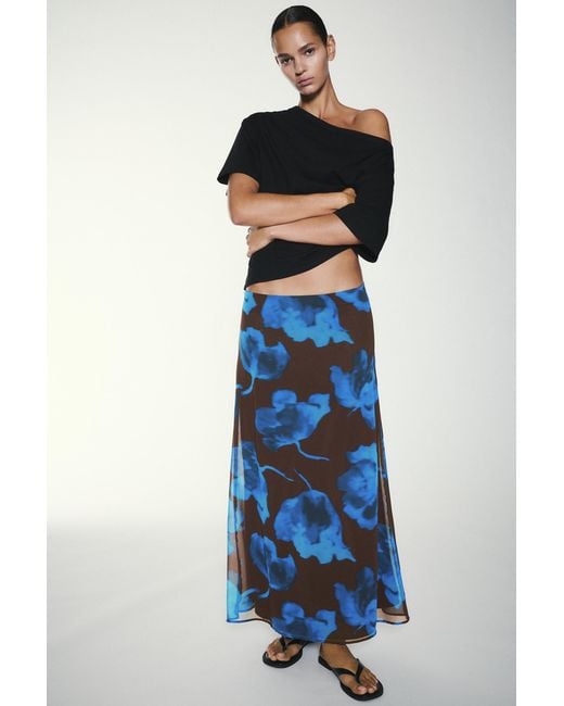 Pull&Bear Blue Floral Midi Skirt