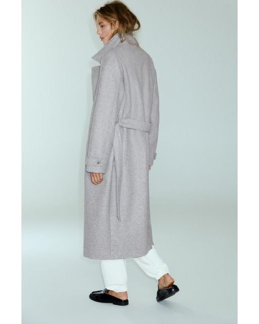 Pull&Bear Blue Langer Mantel Mit Bindegürtel