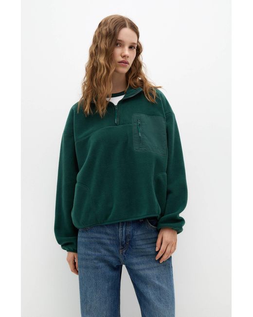 Pull&Bear Green Fleece Jacket With A Front Pocket