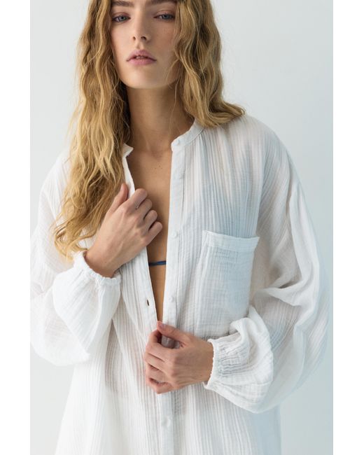 Pull&Bear White Stand Collar Voile Effect Shirt