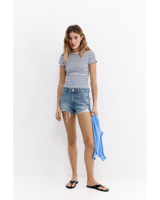 Pull&Bear Blue Mom Fit Ripped Denim Shorts