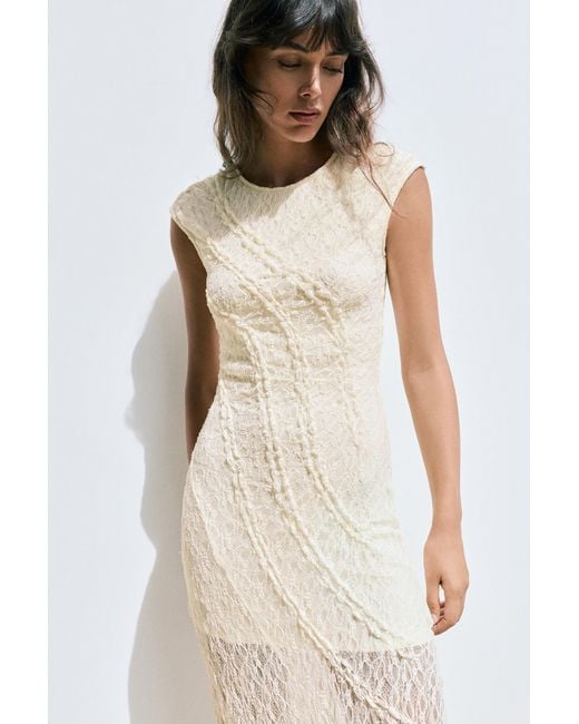 Pull&Bear Natural Fitted Lace Midi Dress