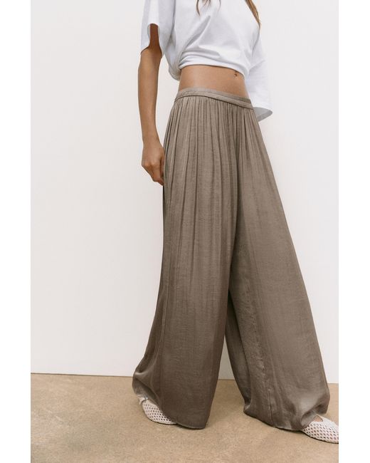 Pull&Bear Natural Satin Wide-Leg Trousers