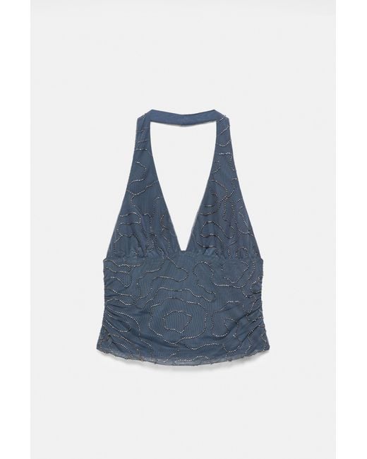 Pull&Bear Blue Beaded Tulle Halter Top