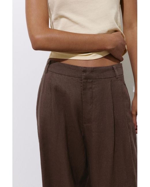 Pull&Bear Brown Wide-Leg 100% Linen Trousers