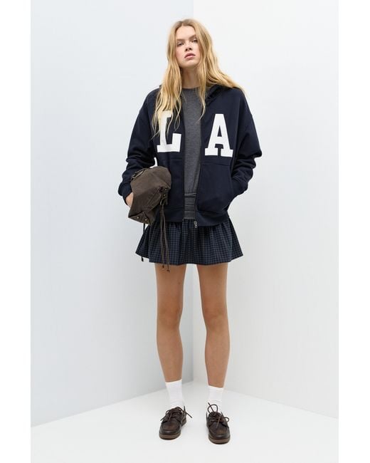 Pull&Bear Blue Hoodie With Zip And Graphic