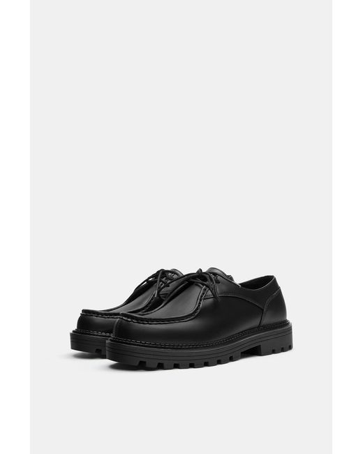 Pull&Bear Black Lace-Up Flat Shoes for men