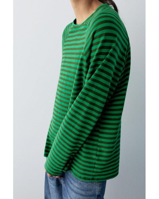 Pull&Bear Green Long Sleeve Striped T-Shirt