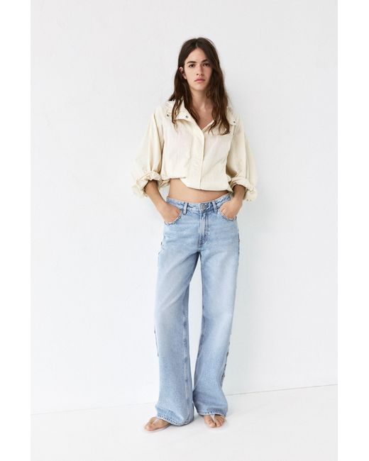 Pull&Bear Blue Baggy Jeans With Button Detail