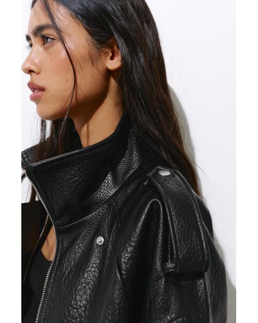 Pull&Bear Black Leather Effect High Neck Jacket