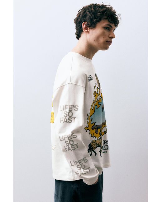 Pull&Bear Blue Long Sleeve Graphic Print T-Shirt for men