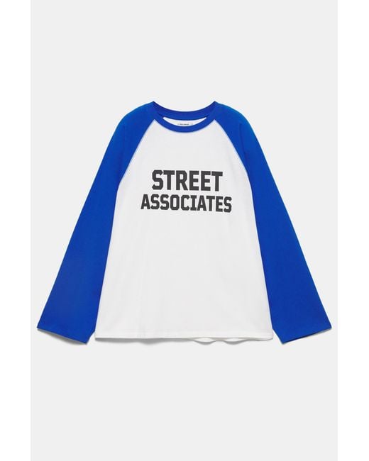 Pull&Bear Blue Long-Sleeve Raglan T-Shirt With Graphic