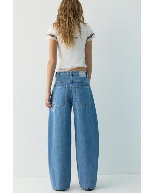Pull&Bear Blue Balloon Fit Jeans With Embroidered Text