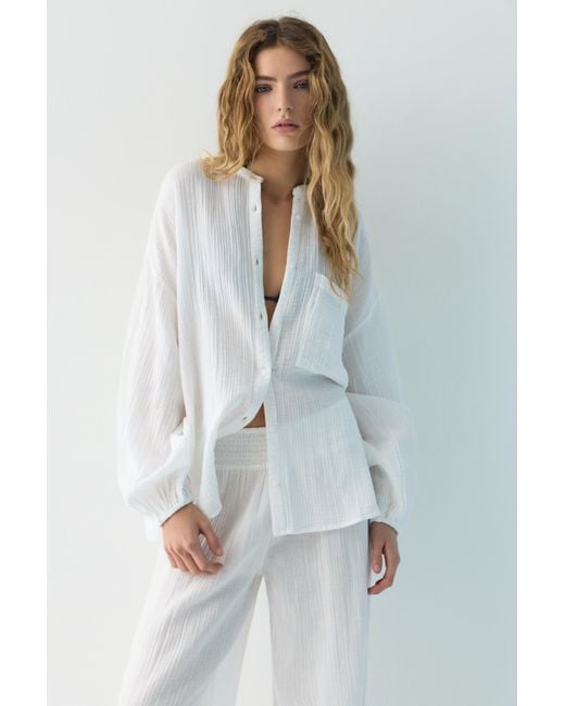 Pull&Bear White Stand Collar Voile Effect Shirt