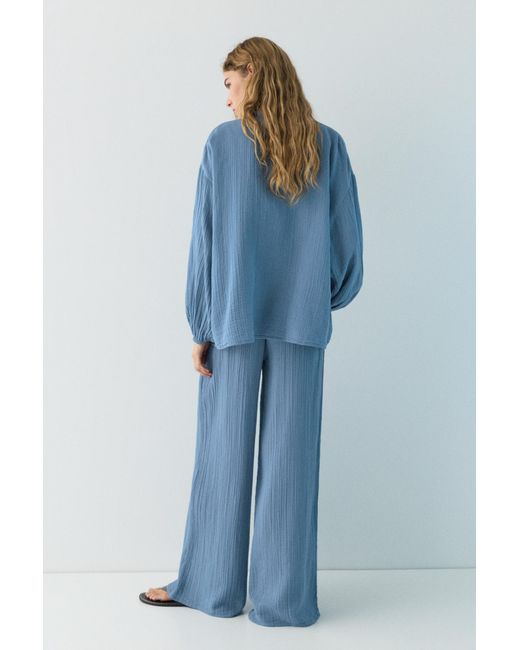 Pull&Bear Blue Stand Collar Voile Effect Shirt