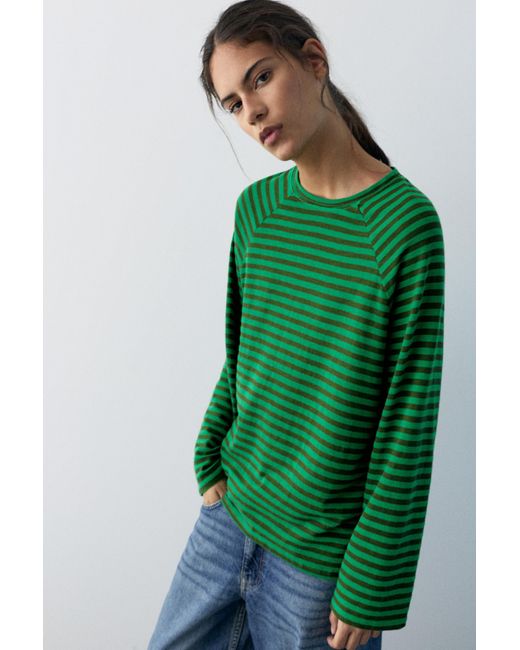 Pull&Bear Green Long Sleeve Striped T-Shirt