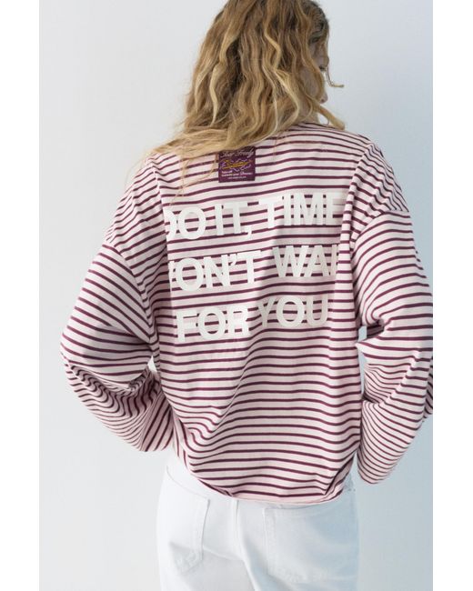 Pull&Bear White Striped Text T-Shirt