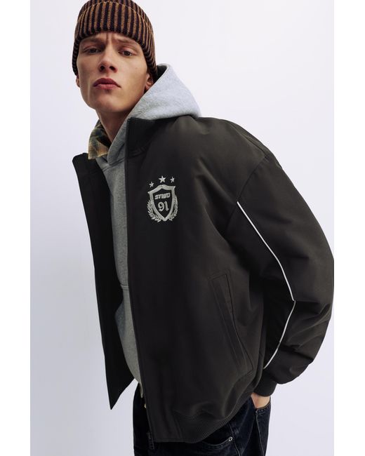 Pull&Bear Black Stwd Embroidered Puffer Jacket for men
