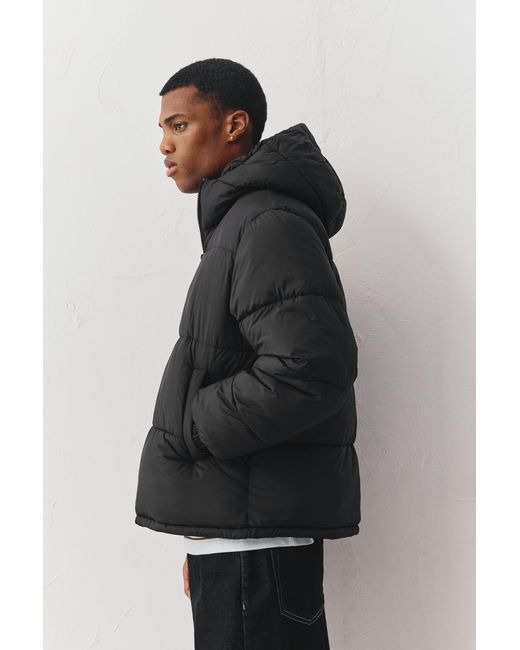 Pull&Bear Black Padded Jacket With Hood for men
