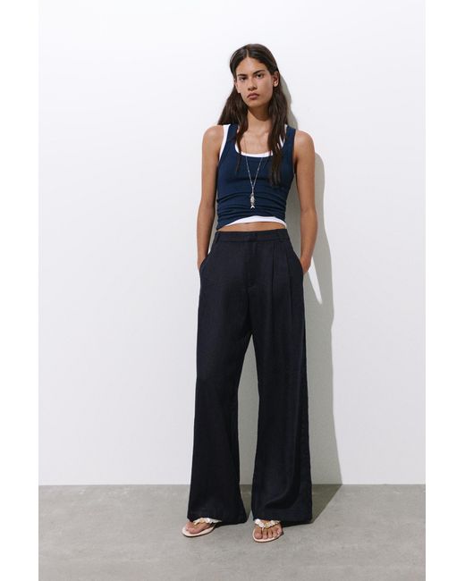 Pull&Bear Blue Wide-Leg 100% Linen Trousers