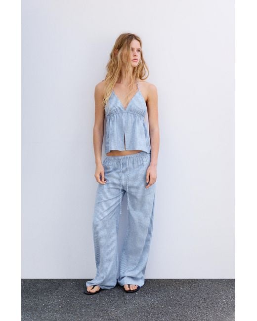 Pull&Bear Blue Striped Linen Blend Pyjama-Style Trousers