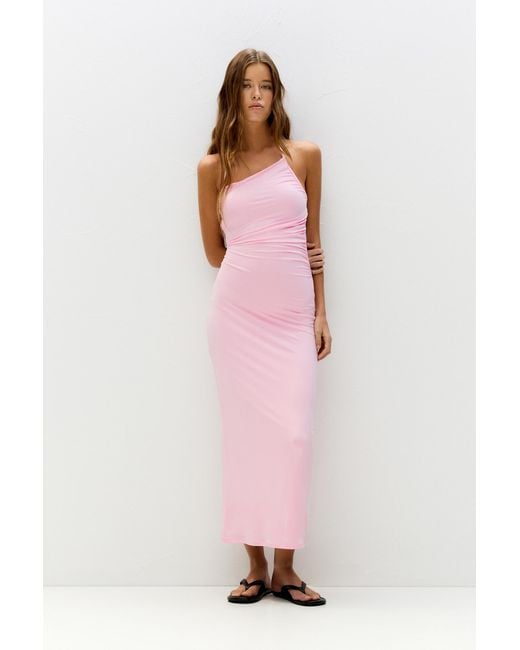 Pull&Bear Pink Asymmetric Midi Gathered Dress
