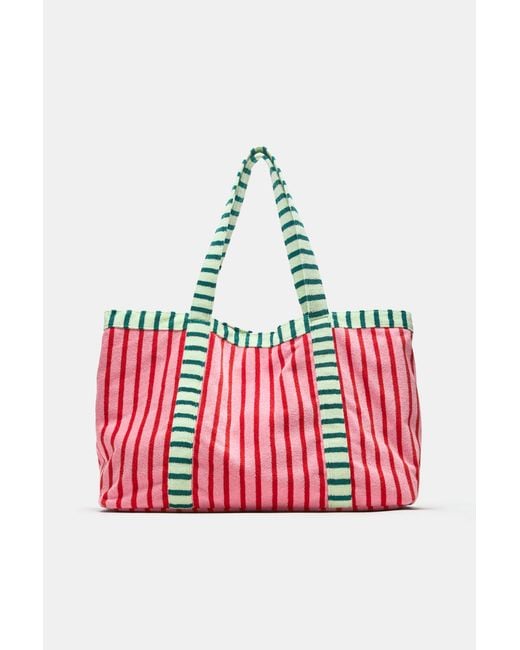 Pull&Bear Red Striped Towelling Tote Bag