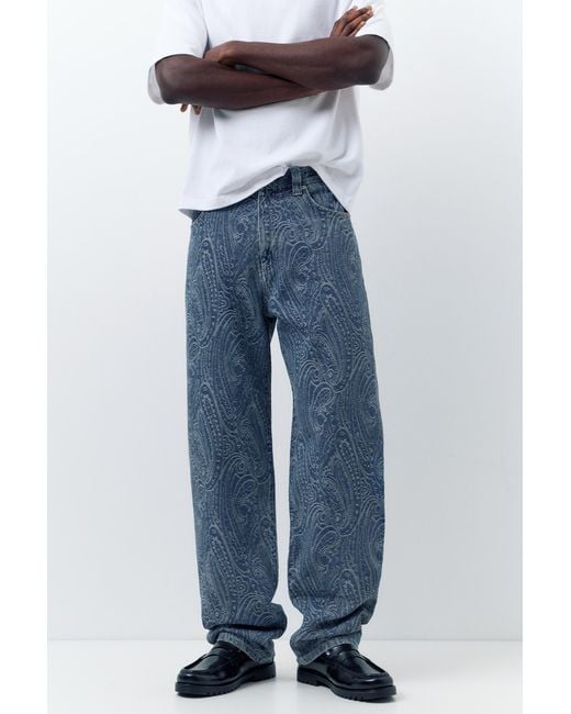 Pull&Bear Blue Straight Jacquard Paisley Jeans for men
