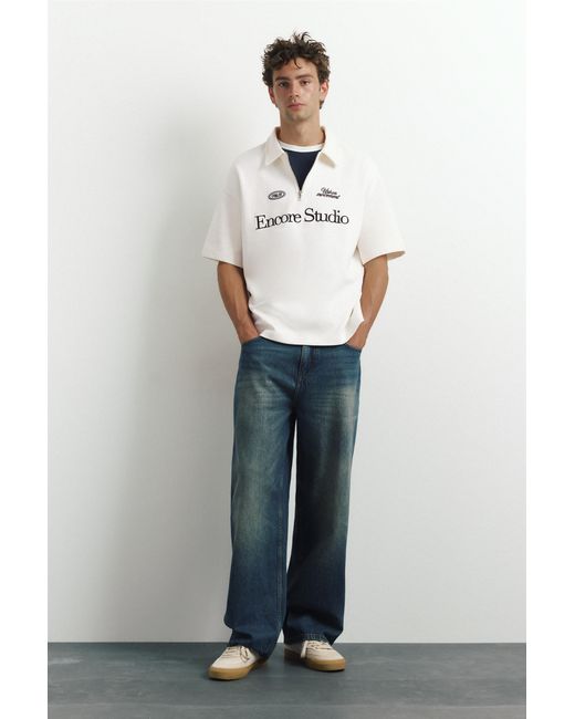 Polo Interlock Graphique Zippé Pull&Bear pour homme en coloris White