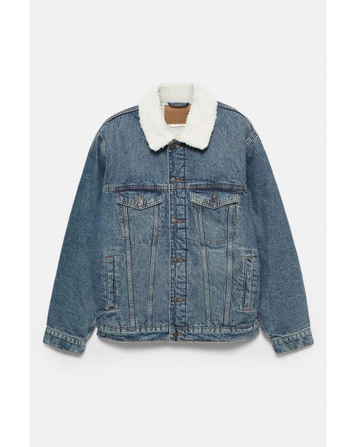 Pull&Bear Blue Denim Jacket With Faux Shearling Collar for men