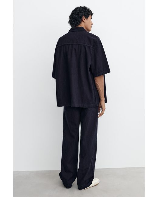 Pull&Bear Black Short Sleeve Striped Denim Shirt for men