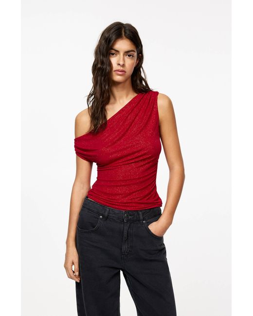 Pull&Bear Red Asymmetric Rhinestone Top With Gathering