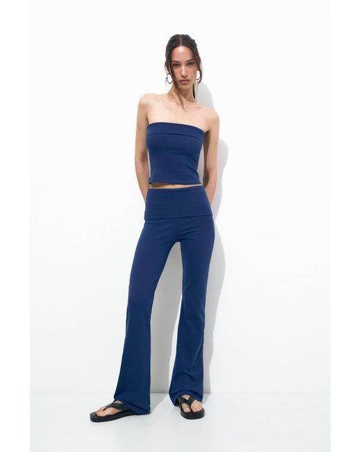 Pull&Bear Blue Flared Trousers With Fold-Over Waist