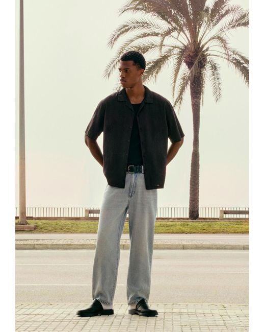 Pull&Bear Black Short Sleeve Linen Blend Shirt for men