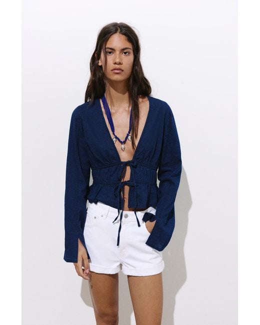 Pull&Bear Blue Denim Blouse With Ties