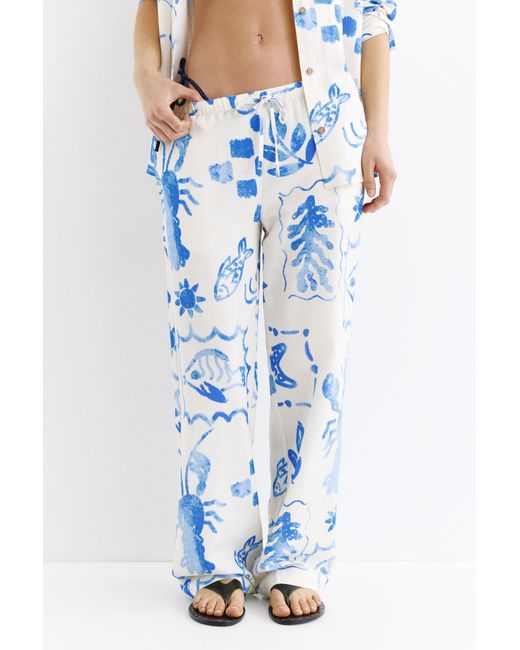Pull&Bear Blue Flowing Marine Print Trousers