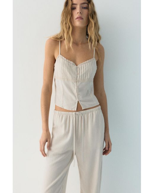 Pull&Bear White Linen Blend Jogger Trousers