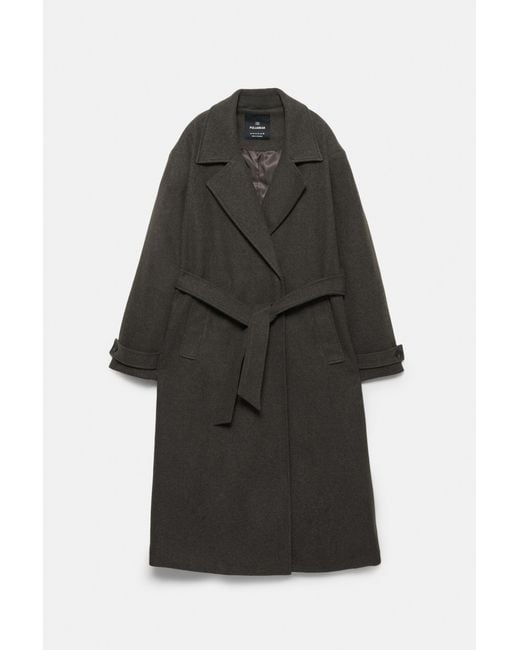 Pull&Bear Black Long Felt Texture Coat With Belt