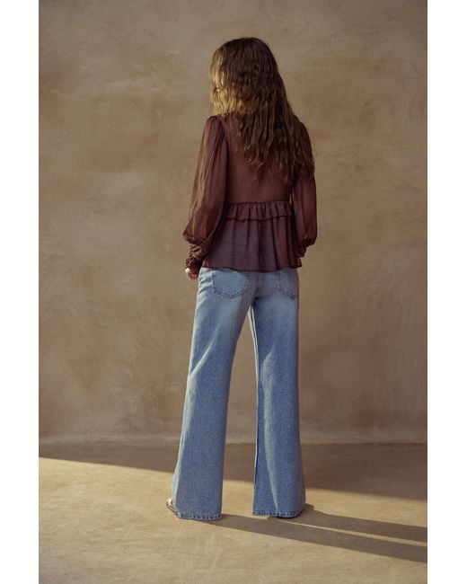 Pull&Bear Brown Sheer Blouse With Ruffle