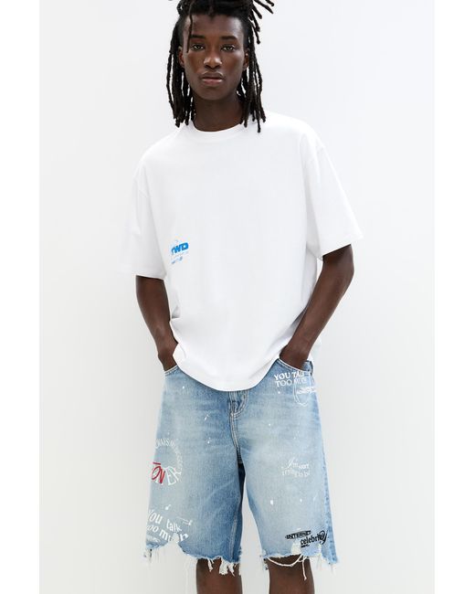 Pull&Bear Blue Ripped Denim Bermuda Shorts With Print for men