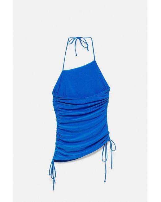 Pull&Bear Blue Asymmetric Halter Top With Gathered Detail